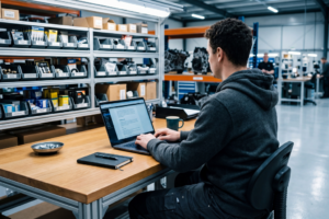 Gérant d'atelier automobile écrivant un article de blog professionnel sur ordinateur portable avec documentation de conformité PIEC-AGEC et catalogues de pièces détachées visibles à côté