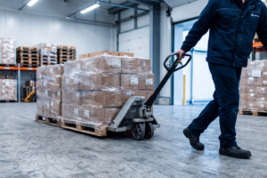 Gerente de taller automotriz y gestor de flota corporativa firmando acuerdo de mantenimiento B2B con flota de vehículos comerciales al fondo