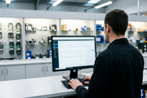 Como Criar um Blog para a Sua Oficina e Atrair Tráfego Qualificado do Google 5 Profissional de oficina a criar conteúdo técnico num computador portátil