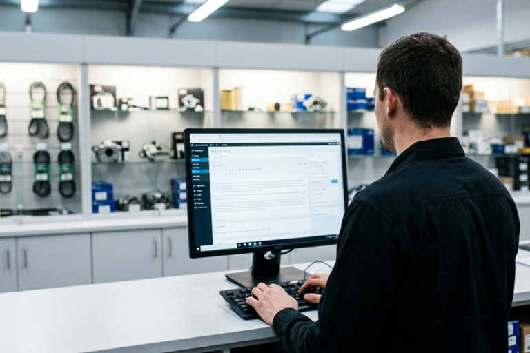 Profissional de oficina a criar conteúdo técnico num computador portátil
