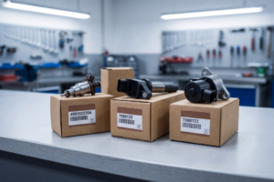 Profesional automotriz realizando auditoría de almacén de piezas con escáner de códigos y tablet junto a estanterías organizadas de recambios