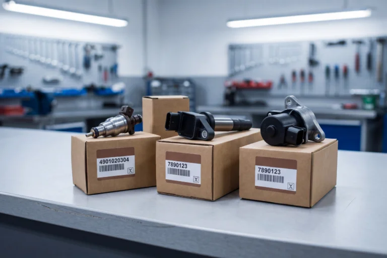 Profesional automotriz realizando auditoría de almacén de piezas con escáner de códigos y tablet junto a estanterías organizadas de recambios