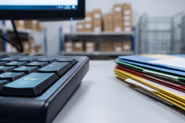 Como Negociar com Fornecedores de Peças: Condições, Prazos e Contratos Marco 6 Responsável de compras do sector automóvel a analisar contratos de fornecimento de peças e manuais de qualidade IATF com software de monitorização da cadeia de abastecimento em ecrã de computador portátil