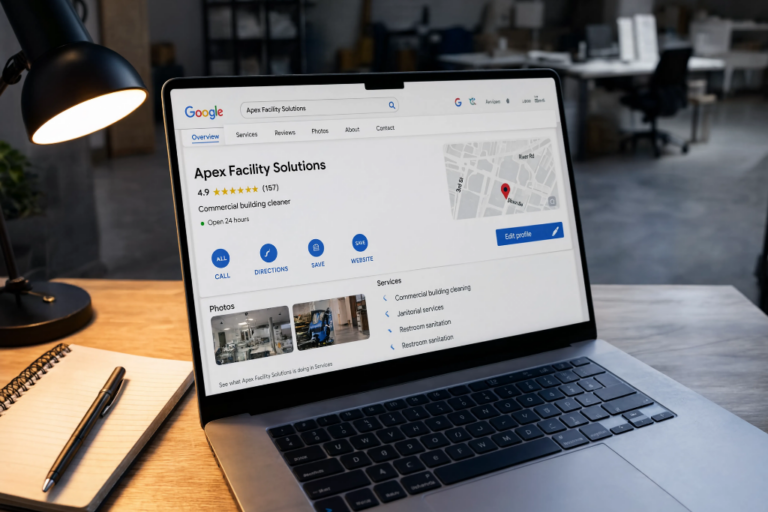 Mecánico revisando reseñas y perfil de empresa en Google desde recepción de taller