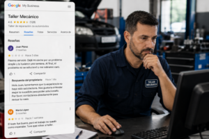 Mecánico revisando opiniones de clientes en tablet desde la recepción del taller
