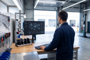 Propriétaire d'un garage automobile PME révisant les paramètres de sécurité informatique sur un laptop avec un plan de segmentation réseau et des outils de diagnostic visibles en arrière-plan