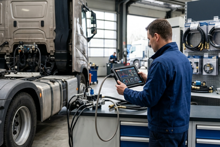 Technicien réalisant un diagnostic hydraulique sur un poids lourd en atelier