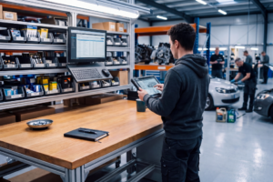 Mécanicien professionnel révisant des données télémétriques OBD et des alertes de maintenance prédictive sur deux écrans avec un véhicule connecté ouvert en arrière-plan