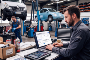 Email Marketing B2B pour Distributeurs de Pièces : Segmentation et Contenus qui Convertissent 3 Commercial B2B de distribution de pièces détachées automobile révisant les KPIs de sa campagne e-mail avec tableaux de segmentation et rayonnages de catalogue en arrière-plan