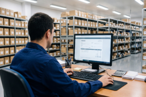 Gerente de taller mecánico analizando el sistema de facturación electrónica homologado en portátil con documentación de requisitos normativos sobre el escritorio