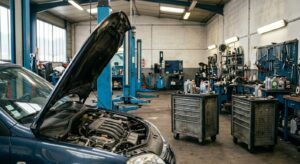 Rapport d'inspection et pièce usée sur banc d'atelier automobile