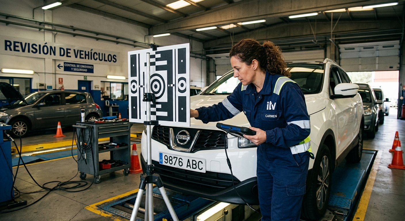 Mecánico ajustando panel de calibración ADAS en el taller