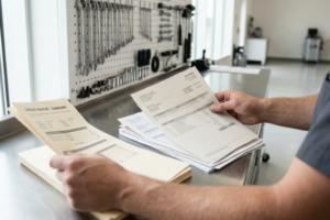 Gérant de garage analysant des factures impayées dans un bureau professionnel