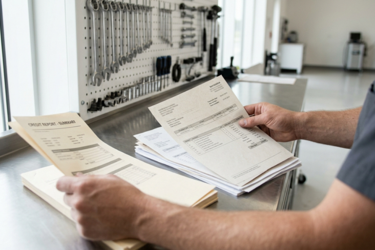 Gérer le Risque d'Impayé en Garage : Contrats, Assurance Crédit et Procédure de Recouvrement 4 Gérant de garage analysant des factures impayées dans un bureau professionnel