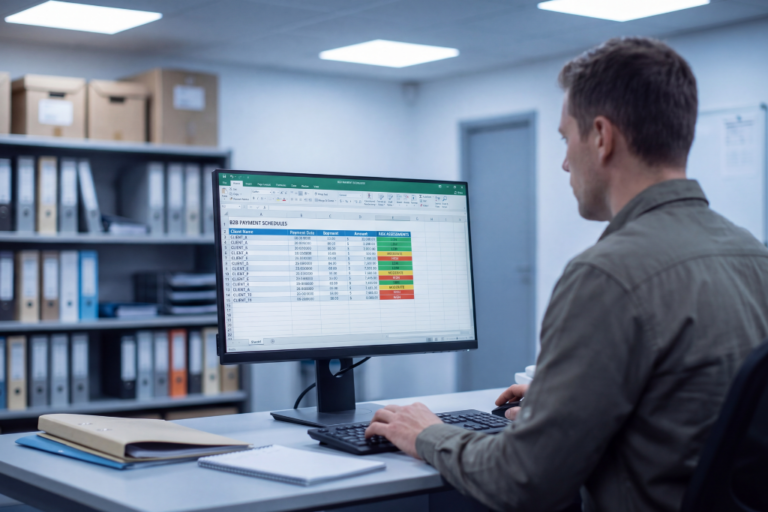 Gestão do Risco de Incumprimento em Oficinas: Contratos, Garantias e Cobranças a Empresas 9 Responsável de oficina automóvel a analisar contratos B2B e indicadores de risco de impagamento entre empresas