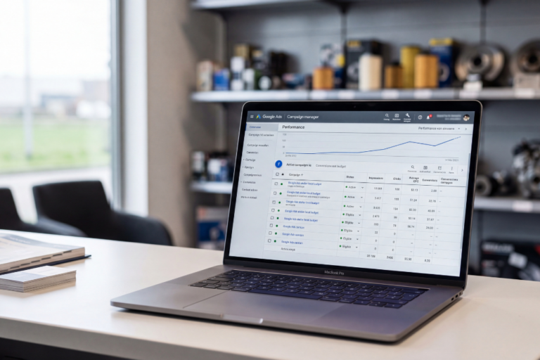 Gérant d'atelier automobile révisant les tableaux de bord Google Ads avec indicateurs de performance locale, coût par acquisition et budget mensuel sur écran d'ordinateur portable
