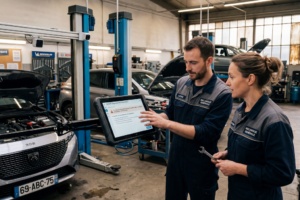 Mécanicien professionnel analysant des données de maintenance prédictive par intelligence artificielle sur tablette avec indicateurs d'usure en réalité augmentée et inventaire de pièces en arrière-plan