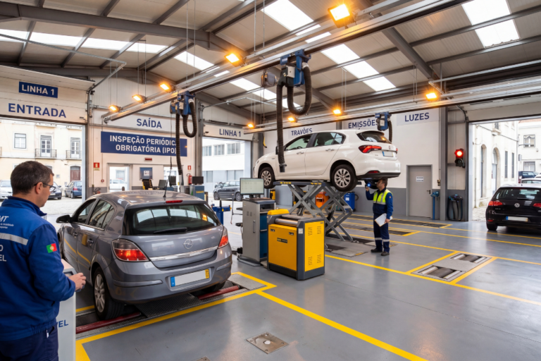 Responsável de frota automóvel a consultar prazos de inspecção técnica e registos de conformidade em tablet com furgões comerciais e checklists de manutenção visíveis em fundo
