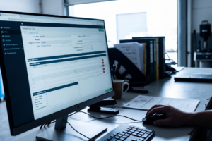 Profesional de tecnología automotriz analizando flujos de datos de integración DMS y ERP en monitores duales con taller visible al fondo a través de mampara
