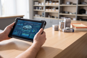 Mecânico profissional a utilizar óculos de realidade aumentada com sobreposição de dados de diagnóstico por IA sobre motor de veículo, com monitores de diagnóstico OBD e painéis de sensores visíveis em fundo