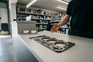 Technicien inspectant une culasse et un joint de culasse sur établi d'atelier