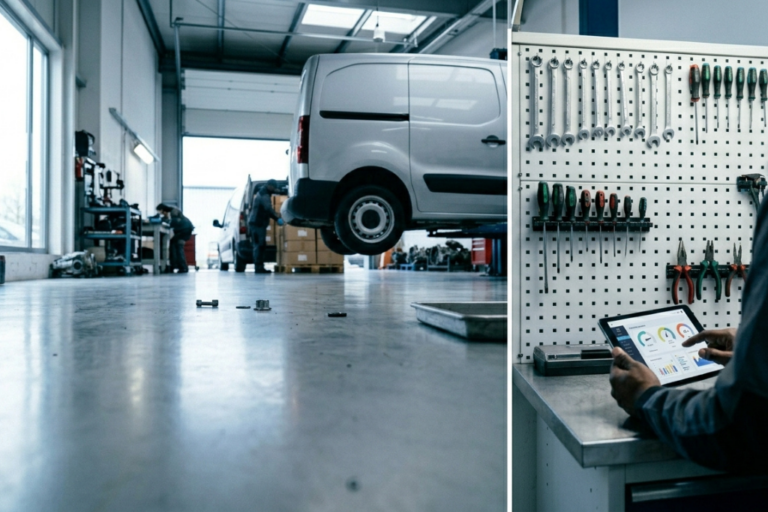 KPIs Essenciais para Oficinas Automóveis: Como Medir e Melhorar a Performance 7 Gestor de oficina automóvel a analisar indicadores de desempenho em painel digital