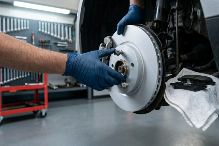 Technicien posant un kit disque et plaquette de frein en atelier automobile professionnel