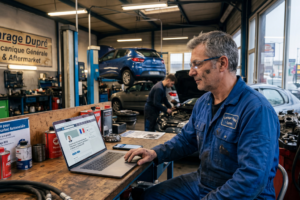 LinkedIn pour les Professionnels de l'Aftermarket : Construire son Profil et Générer des Contacts B2B 5 Expert aftermarket automobile révisant son profil LinkedIn professionnel sur ordinateur portable avec catalogues de pièces détachées et documentation de conformité UTAC visible sur le bureau