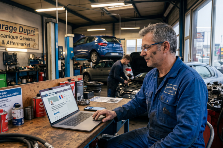 LinkedIn pour les Professionnels de l'Aftermarket : Construire son Profil et Générer des Contacts B2B 22 Expert aftermarket automobile révisant son profil LinkedIn professionnel sur ordinateur portable avec catalogues de pièces détachées et documentation de conformité UTAC visible sur le bureau