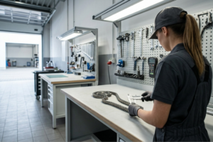 Técnico de taller revisando cadena de distribución y componentes de sincronización en un motor desmontado