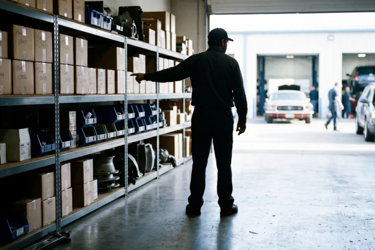 Responsável de oficina automóvel 4.0 a analisar plano de digitalização com cronograma Gantt por fases, painéis de KPIs operacionais e ecrãs de ERP com oficina digitalmente equipada visível em fundo