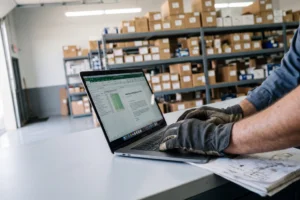 Gestor de oficina automóvel a analisar plano de negócios em computador portátil com elevador, pastas de conformidade legal e placas de certificação ISO em fundo de oficina profissional