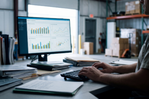 Profesional B2B del sector automotriz analizando gráficos de previsión de demanda y KPIs de inventario de recambios en monitores de oficina de distribución