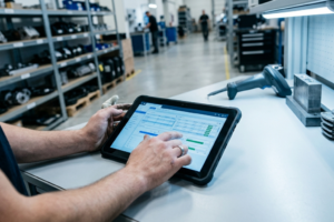 Programas de Fidelização para Oficinas: Modelos de Contratos de Manutenção e Rentabilidade 4 Gestor de oficina a analisar métricas de fidelização de clientes em tablet