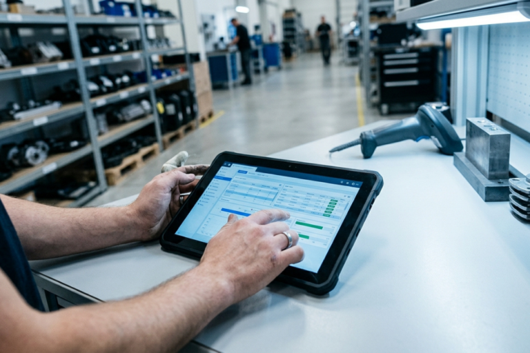 Programas de Fidelização para Oficinas: Modelos de Contratos de Manutenção e Rentabilidade 6 Gestor de oficina a analisar métricas de fidelização de clientes em tablet