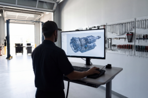 Engenheiro automóvel a rever documentação técnica de homologação em ambiente profissional