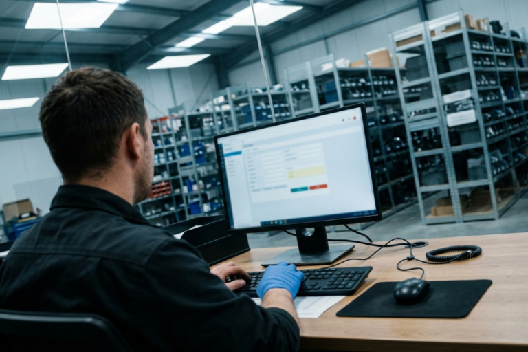 Profissional de oficina a gerir dados de clientes em sistema digital