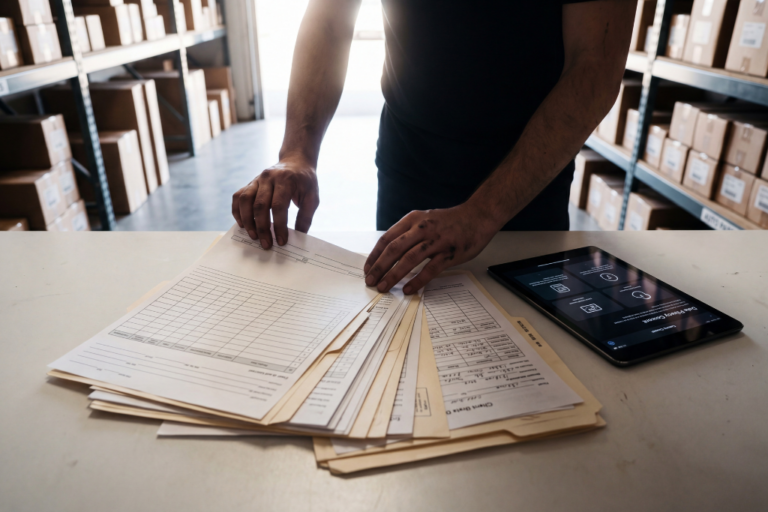 Gérant d'atelier automobile analysant les obligations RGPD sur ordinateur portable avec registre des traitements et fichier d'historique d'entretien véhicule sur le bureau