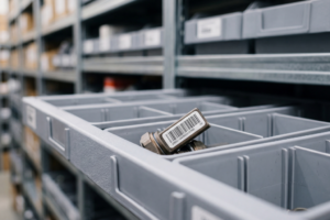 Responsável de armazém de peças automóvel a analisar sistema de reposição automática de stock em tablet com prateleiras etiquetadas, sensores IoT e computador com alertas de ponto de encomenda ERP visíveis ao fundo
