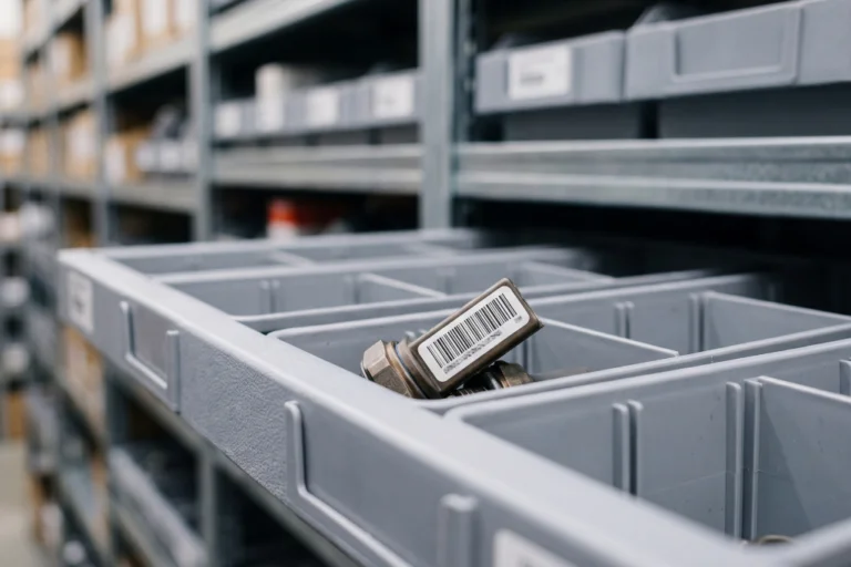 Responsável de armazém de peças automóvel a analisar sistema de reposição automática de stock em tablet com prateleiras etiquetadas, sensores IoT e computador com alertas de ponto de encomenda ERP visíveis ao fundo