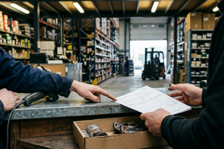 Mains avec gants triant des pièces d'usure sur un établi d'atelier de réparation automobile