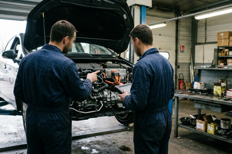 Mains gantées déposant une batterie auxiliaire d'un véhicule hybride en atelier
