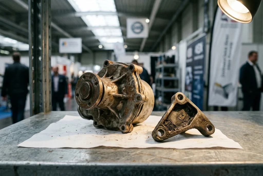 Bomba de agua con desgaste expuesta sobre mesa en feria de posventa Automechanika Frankfurt