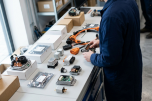 Mecánico inspeccionando batería de alto voltaje de vehículo eléctrico en taller profesional