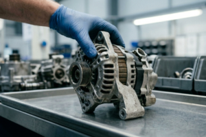 Profesional del sector del automóvil analizando emisiones de flota y sistemas DPF con herramientas digitales de gestión