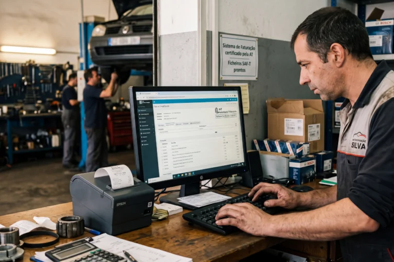 Software de Faturação para Oficinas: Requisitos SAF-T, Certificação AT e Integração com Peças 4 Responsável administrativo de oficina automóvel a analisar interface de software de faturação certificado AT com ficheiros SAF-T, documentação fiscal e listagens de stock de peças no ecrã