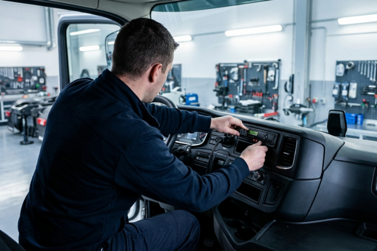 Técnico calibrando tacógrafo inteligente G2V2 en taller autorizado de vehículos industriales