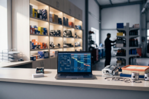 Gérant de garage automobile analysant un plan de transformation digitale sur grand écran avec données DMS, capteurs IoT et calendrier de déploiement sur 12 mois