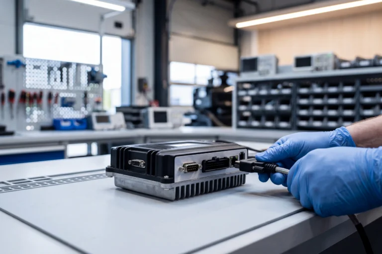 Responsável de gestão de frotas automóveis a analisar mapas GPS, dados de diagnóstico de motor e alertas de manutenção preditiva em painéis de telemetria em tempo real com frotas comerciais visíveis ao fundo