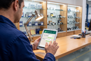Trabajador de taller automotriz gestionando confirmación de reserva de cliente mediante WhatsApp Business en smartphone con vehículo en reparación al fondo